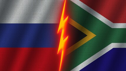 South Africa and Russia Flags Together, Wavy Fabric Texture Effect, Neon Glow Effect, Shining Thunder Icon, Crisis Concept, 3D Illustration