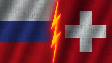 Switzerland and Russia Flags Together, Wavy Fabric Texture Effect, Neon Glow Effect, Shining Thunder Icon, Crisis Concept, 3D Illustration