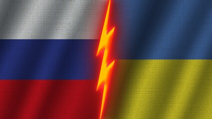 Ukraine and Russia Flags Together, Wavy Fabric Texture Effect, Neon Glow Effect, Shining Thunder Icon, Crisis Concept, 3D Illustration