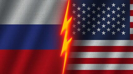 United States of America and Russia Flags Together, Wavy Fabric Texture Effect, Neon Glow Effect, Shining Thunder Icon, Crisis Concept, 3D Illustration