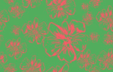 pattern with pink green flowers seamless vector, Simple raster geometric seamless pattern. floral shapes, net, mesh, lattice. Elegant vintage ornamental background. Repeat design for textile