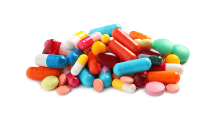 Pile of different colorful pills on white background