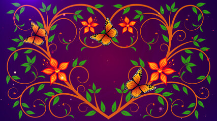 Obraz premium Beautiful Art Heart Vine And Flourish Vintage Swirl With Flying Yellow Orange Monarch Wing Butterflies And Shiny Glitter Dust