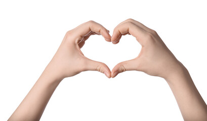 Fototapeta premium Woman making heart with her hands against white background, closeup