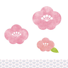 シンプルなピンクの梅の花と和柄。白地に水彩画のベクターイラスト。年賀状素材。