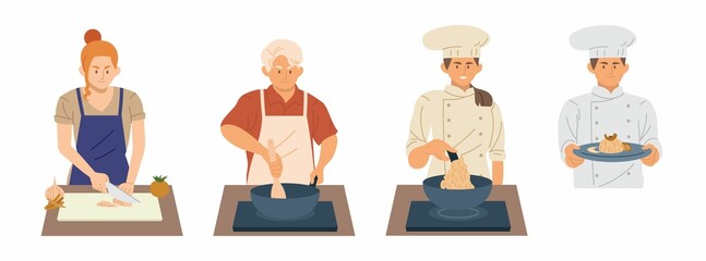 People cooking in different position flat style vector illustration