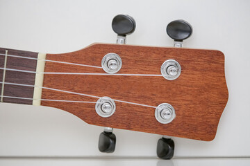 Small brown wooden ukulele guitar in black cover.
