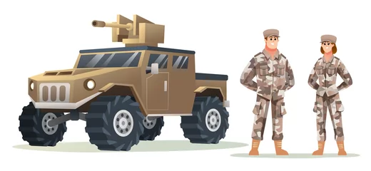 Fotobehang Man and woman army soldier characters with military vehicle cartoon illustration © YG Studio