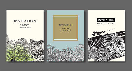 Set of vintage invitation cards with leopard and tropical plants. Drawing engraving.