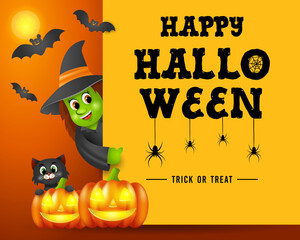 Halloween signboard, Woman in Halloween costume, black cat and pumpkins.