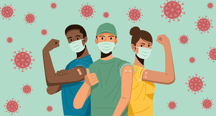 People showing their arms after receiving covid-19 vaccination - obrazy, fototapety, plakaty