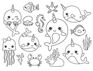 Cute outline narwhal and other sea animals vector illustration with live stroke.