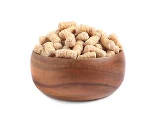 Granulated wheat bran in bowl on white background