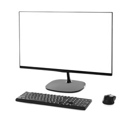 Modern computer monitor with black screen, keyboard and mouse on white background