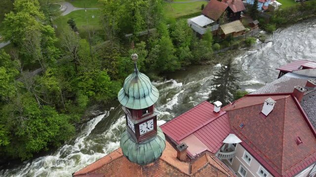 Alpine Village in Austria Next to a River Aerial (Murau)