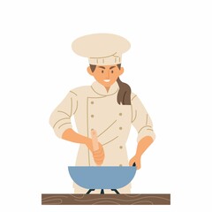 Female chef in uniform cooking and preparing food flat style vector illustration