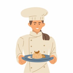 Female chef in uniform holding plate with prepared dish flat style vector illustration