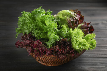 Different sorts of lettuce on black wooden table