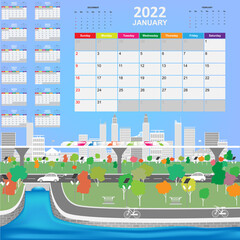 Calendar template for year 2022 with smart and modern city background collection. Template for planning and create to do list in year 2022. Vector EPS10