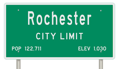 Rendering of a green Minnesota highway sign with city information