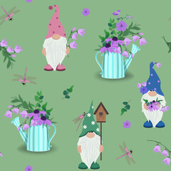 Summer garden with gnomes, flowers and dragonflies on a seamless green background. Cute baby vector illustration.