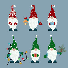 Set of cute Christmas gnomes on gray isolated background. Gnomes with a gift, a flashlight, a garland, a spruce branch