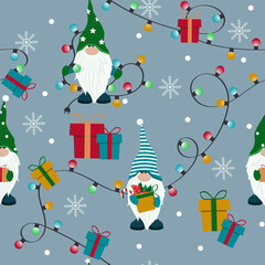 Seamless vector illustration with Christmas gnomes on a gray background.
