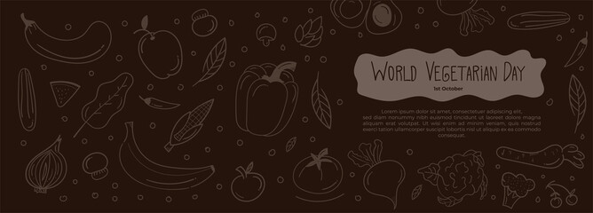 world vegetarian day horizontal banner website with doodle scribble. health food concept. vector illustration