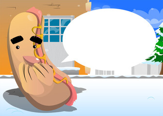 Hot Dog with hands over mouth. American fast food as a cartoon character with face.