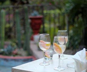 Classic Gin drink cocktail shaked with grapefruit in elegant glasses next to colorful flowers on an elegant table
