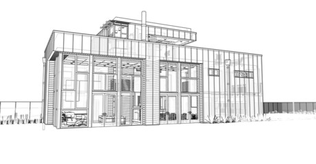 Modern house with garden and garage. 3d rendering.