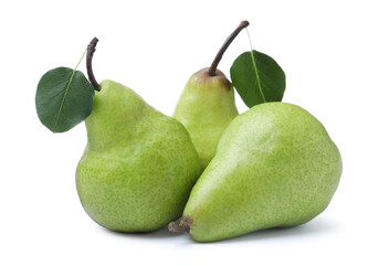 Fresh ripe pears with green leaves on white background