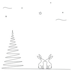 Christmas background with bunny and tree silhouette on white background vector illustration