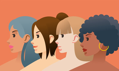 womens day poster illustration, head shot illustration of young women with different skin dan hair color