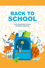 Back to school banner, poster card design with school backpack and supplies. Vector illustration.