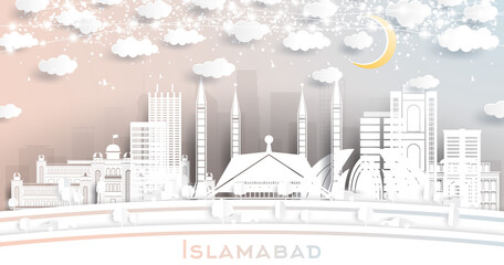 Islamabad Pakistan City Skyline in Paper Cut Style with White Buildings, Moon and Neon Garland.