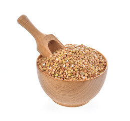 buckwheat seeds in wood bowl on white background