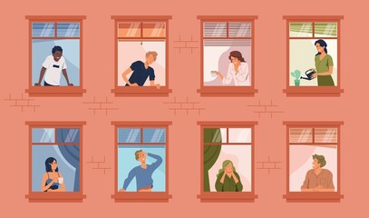 People quarantine at home. Peoples in apartment windows greet and smile to the neighbors in flat style vector illustration