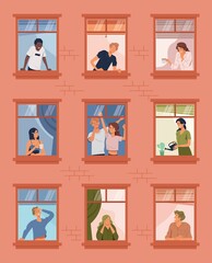 People quarantine at home. Peoples in apartment windows greet and smile to the neighbors in flat style vector illustration