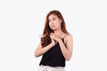 Hmm, must think! The dark brown-haired girl pondered, pondered, scratched her head with doubt and uncertainty, with a puzzled and indecisive face. Shot in a separate indoor studio on a white backgroun