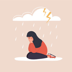 Sad arab woman sitting under rainy cloud. Depressed teenager in hijab crying. Mood disorder concept. Unhappy girl needs psychological help. Vector illustration in cartoon style.