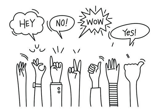 hand drawn of hands clapping with comic speech bubble. applause, thumbs up gesture on doodle style , vector illustration