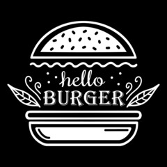 Logo for a fast food restaurant or cafe. Hand drawn burger with lettuce and sesame seeds. Monochrome illustration of white text on black. Food sketch with text hello burger. The text can be replaced.