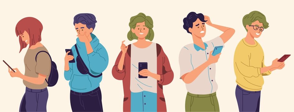 People using smartphones with different poses and expressions. Man and women holding a phone to texting, read online news, chatting, play games, social media, usability. Flat style vector illustration