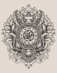 illustration antique clock with engraving ornament