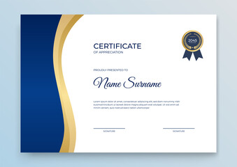Obraz premium Certificate of appreciation template, gold and blue color. Clean modern certificate with gold badge. Certificate border template with luxury and modern line pattern. Diploma vector template