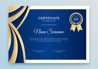 Fototapeta premium Modern Elegant Certificate of Appreciation Luxury Gold and Blue. Certificate of appreciation template, gold and blue color. Clean modern certificate. Use for print, certificate, diploma, graduation.