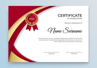 Elegant gold and black certificate template. Diploma of modern design or gift certificate. Vector illustration. Certificate of appreciation template, gold and red color. Clean modern certificate
