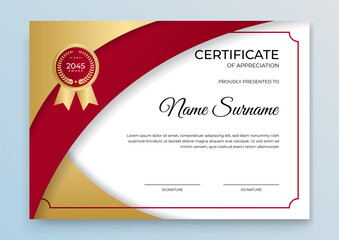 Elegant gold and black certificate template. Diploma of modern design or gift certificate. Vector illustration. Certificate of appreciation template, gold and red color. Clean modern certificate

