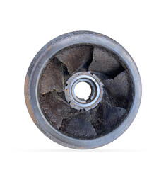 Closeup impeller corrosion of isolated on white background with clipping path, impeller is gravitation, Spare part pump, Centrifugal pump in petrochemical plant or refinery at industrial